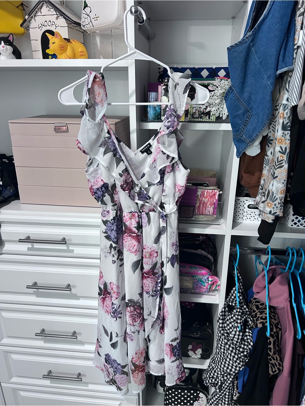Floral Ruffle Tie-Waist One-Piece Dress - White/Pink/Purple